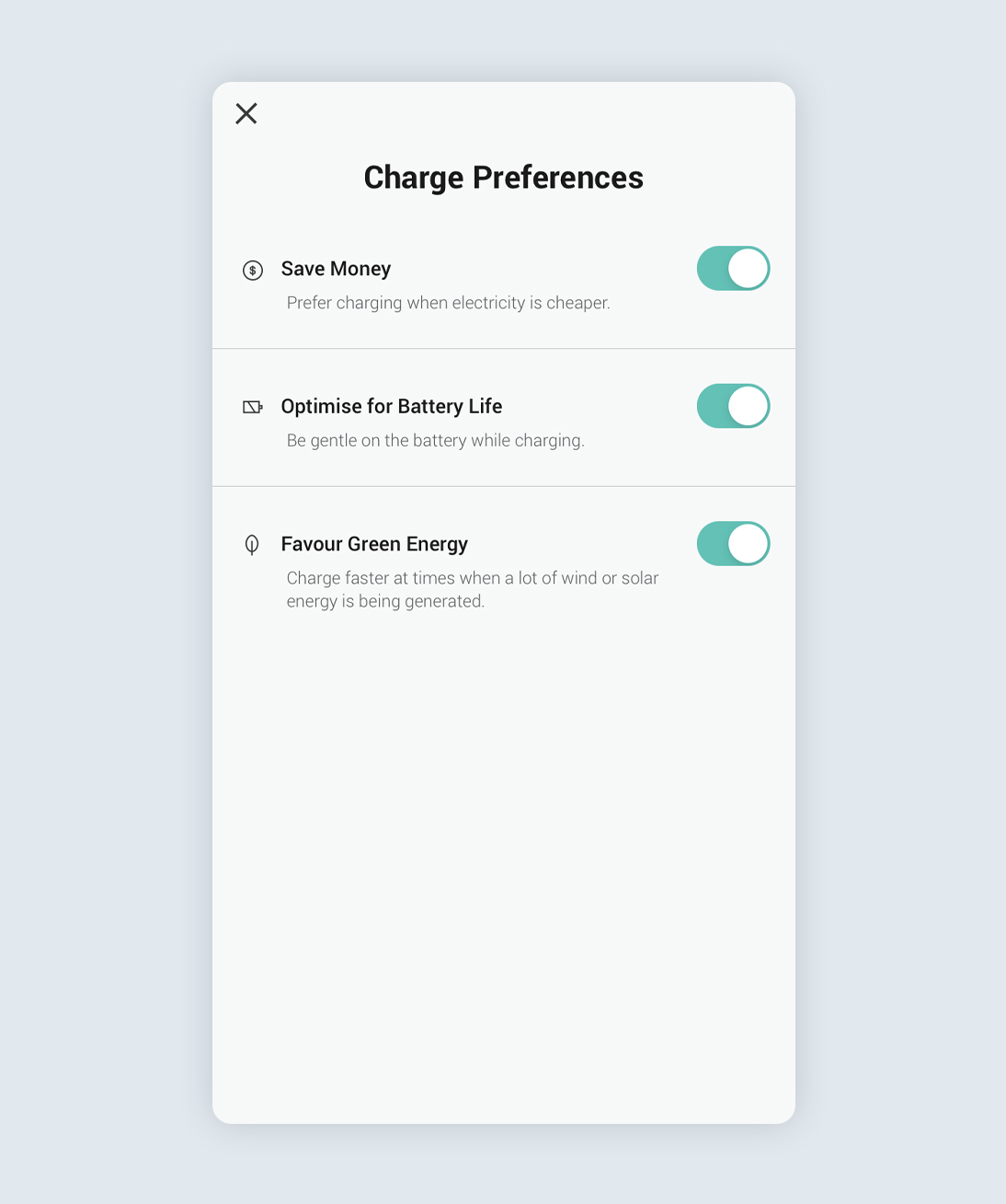 Charge preferences screen from the Ohme app
