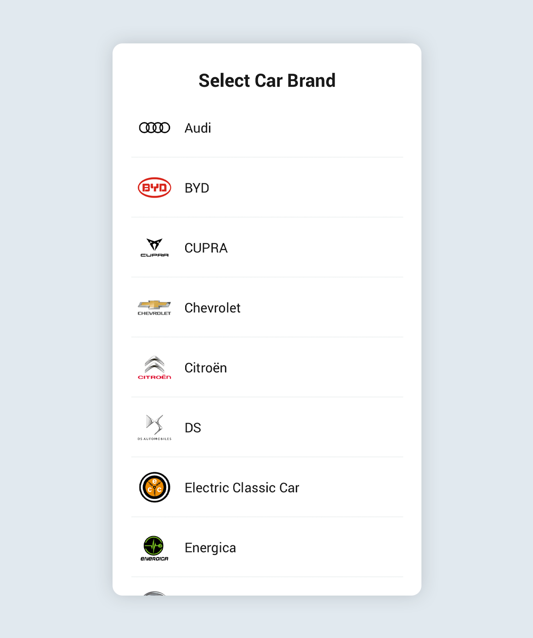 Car brands listed in the Ohme app