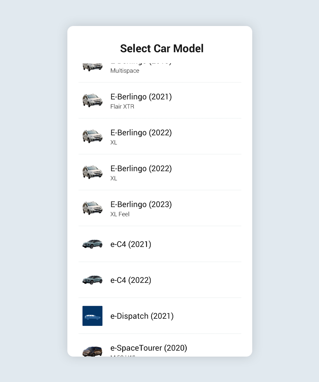 Car models listed in the Ohme app