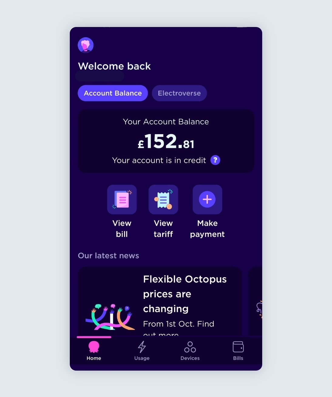 Octopus Energy app home tab