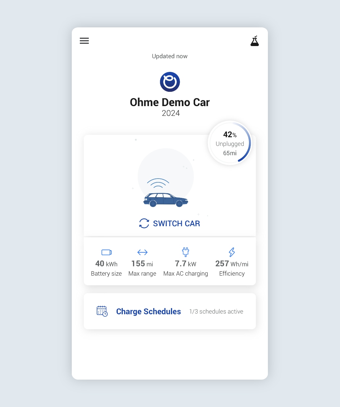 Manage my EV page showing a demo car selected and logged in with battery status displayed