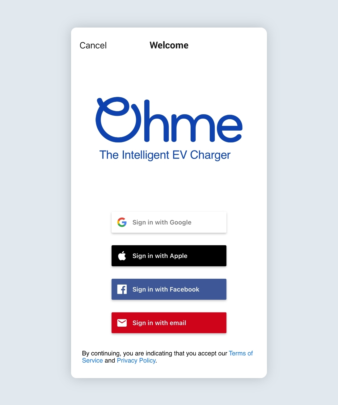 Ohme app login page with four login options