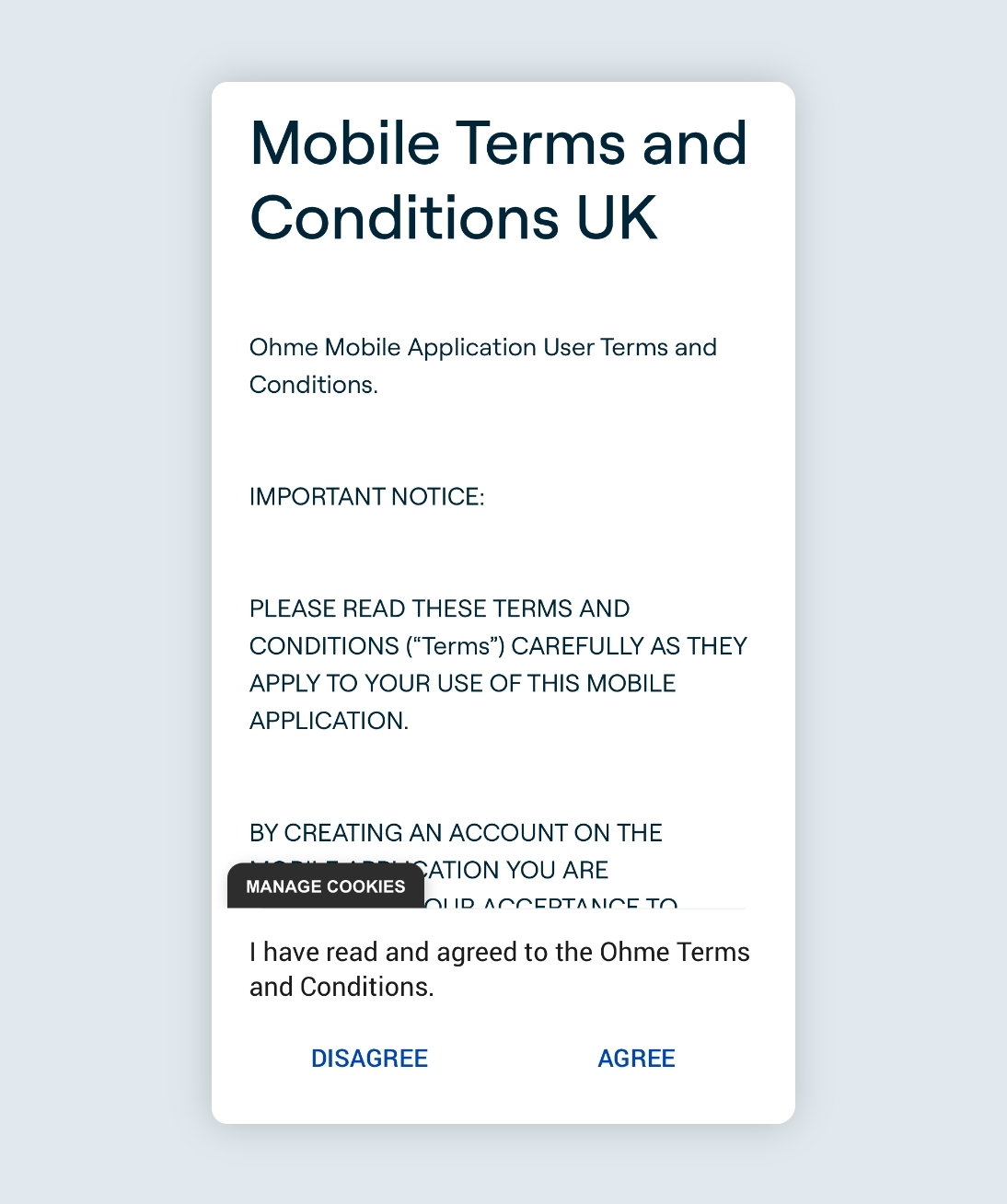 Mobile terms and conditions page with options to agree or disagree.