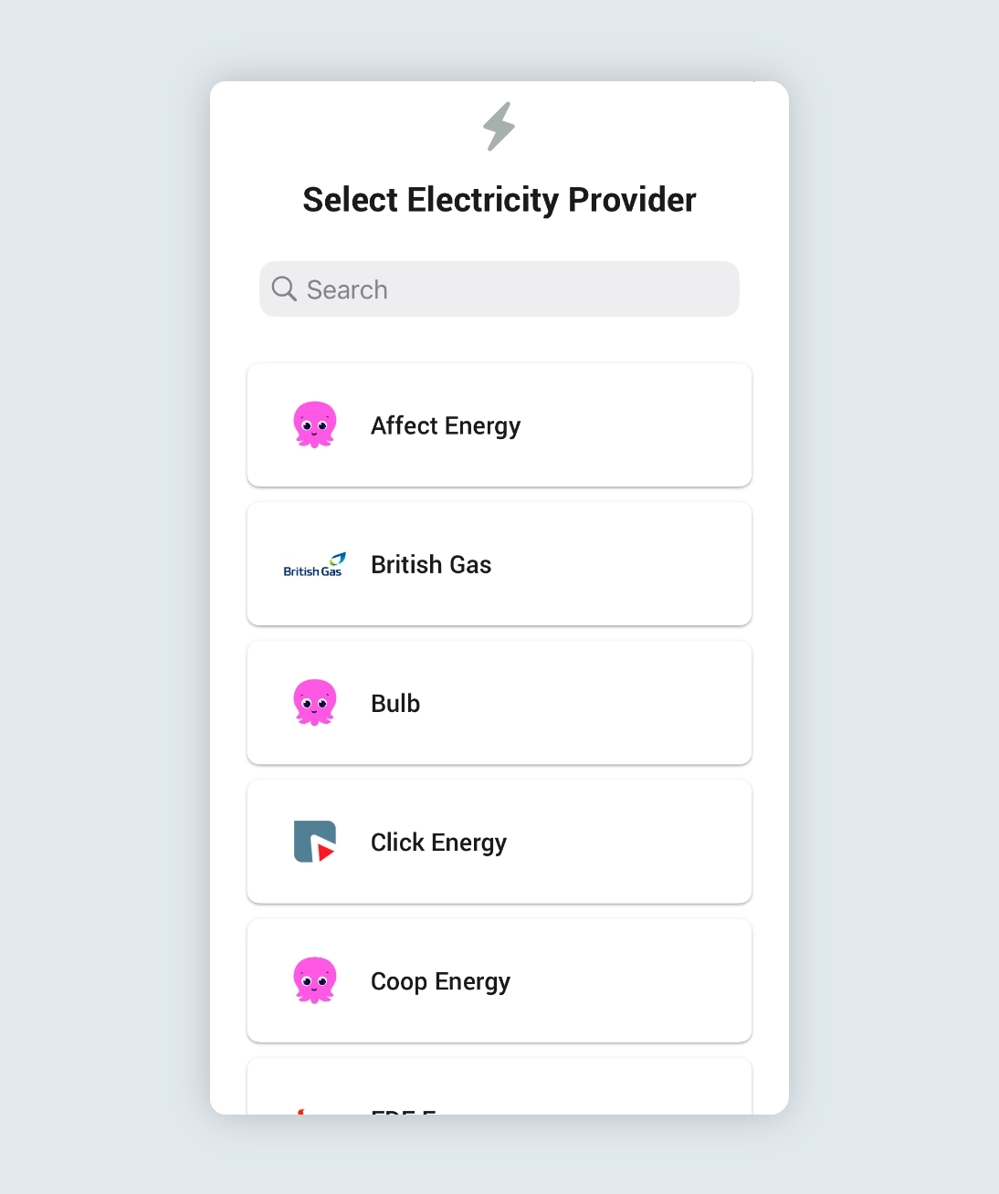 List of preset electricity supplies in the Ohme app