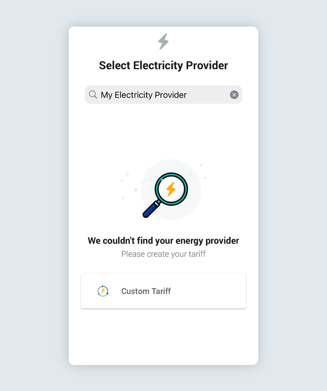 Screen informing energy provider not found in the Ohme app with option to create custom tariff