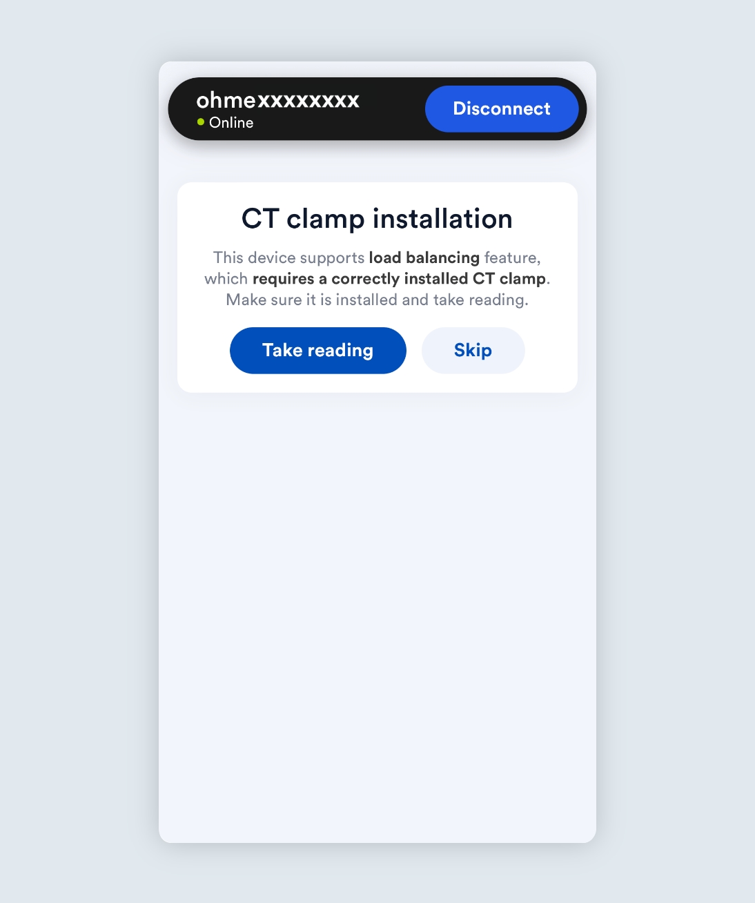 The Ohme Installer Portal take CT clamp reading