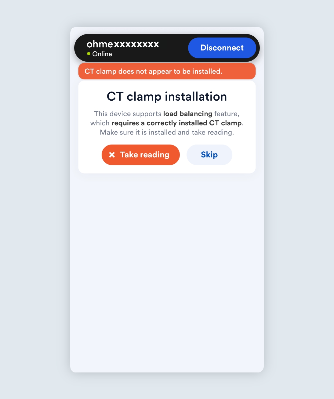 The Ohme Installer Portal unsuccessful CT clamp reading