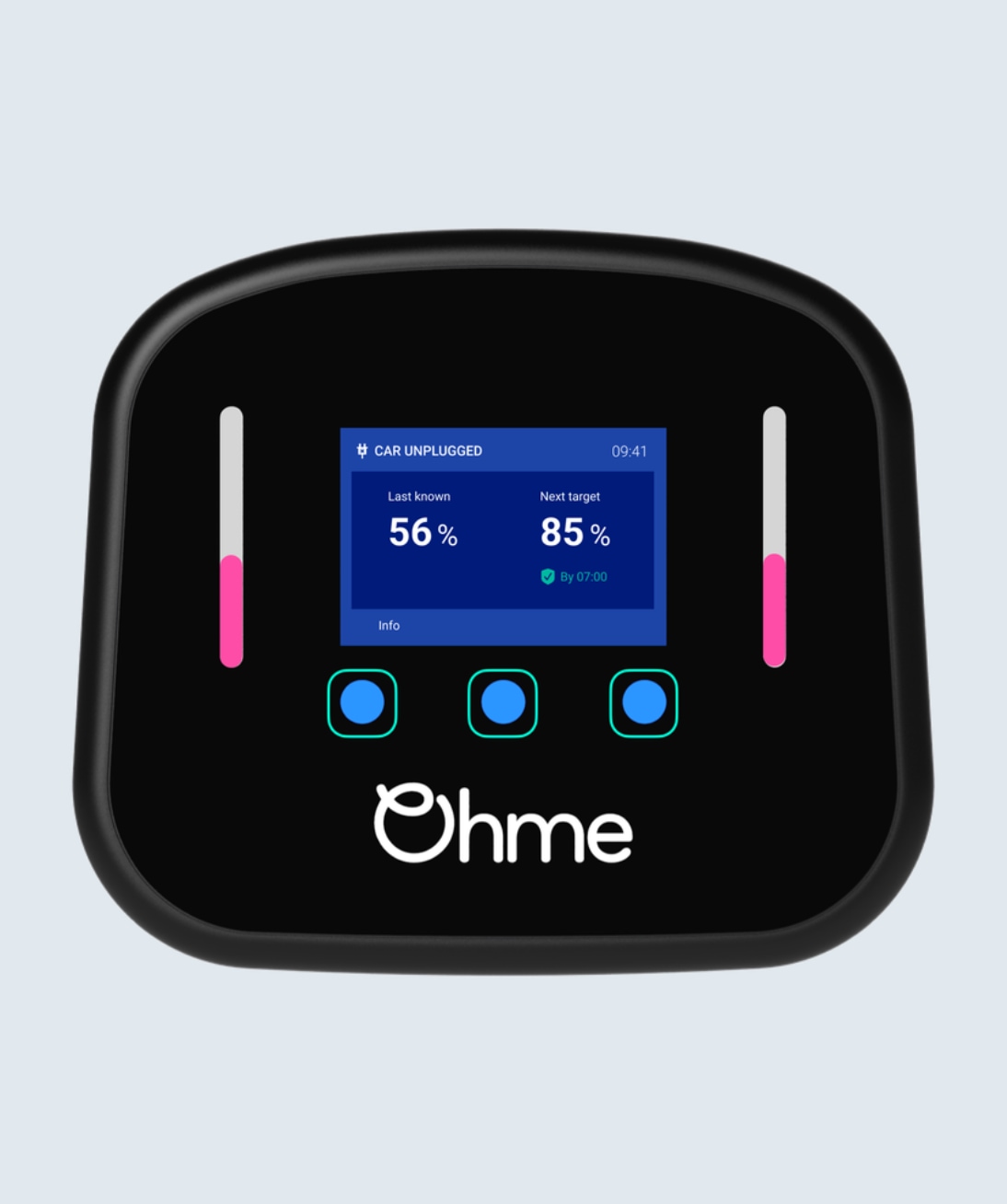 Ohme Home Pro front view with on device touch buttons highlighted