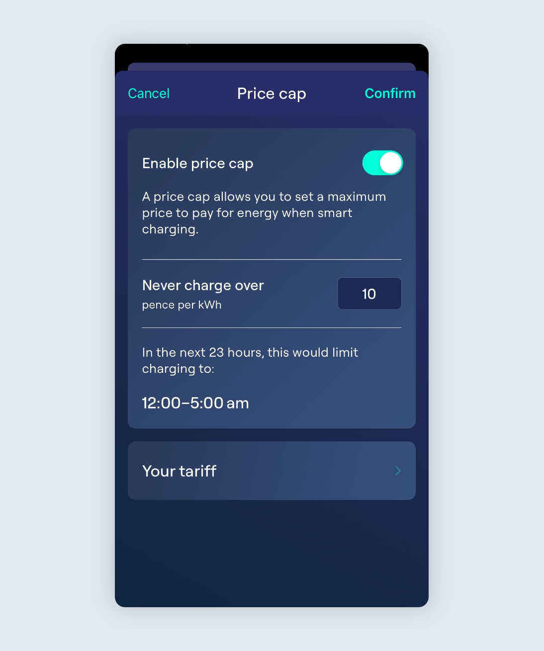 Ohme app price cap page