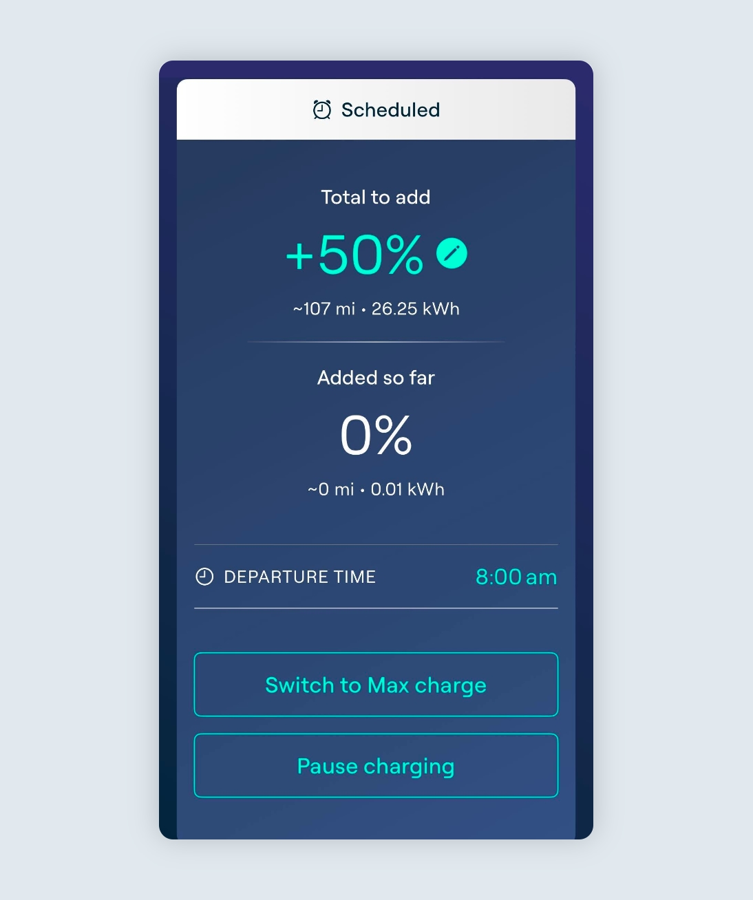Ohme app charging page, session scheduled to start later