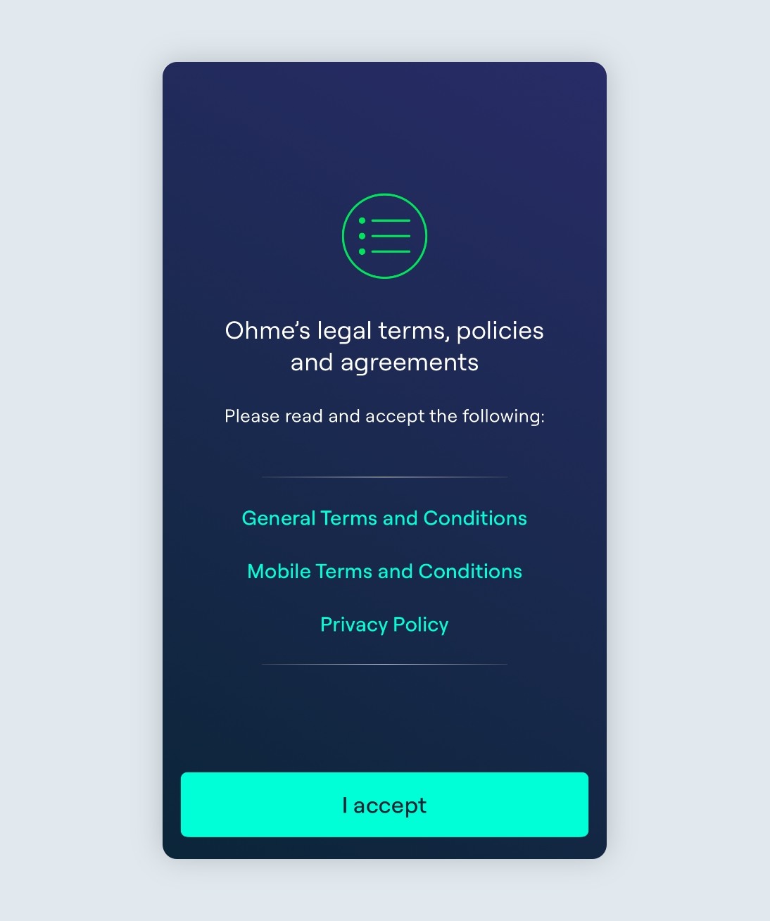 Ohme app terms and conditions page