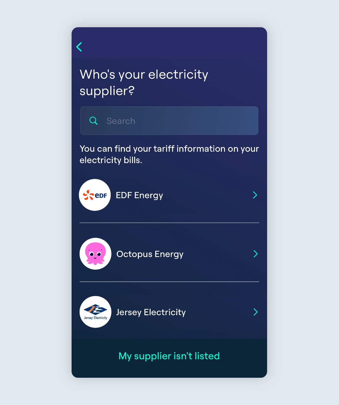 Select the electricity supplier from list