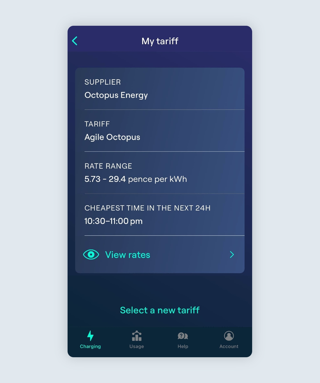 My tariff page of the Ohme app