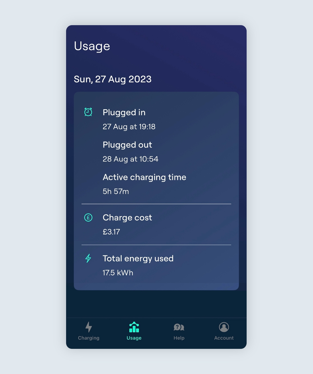 The Usage page of the Ohme app