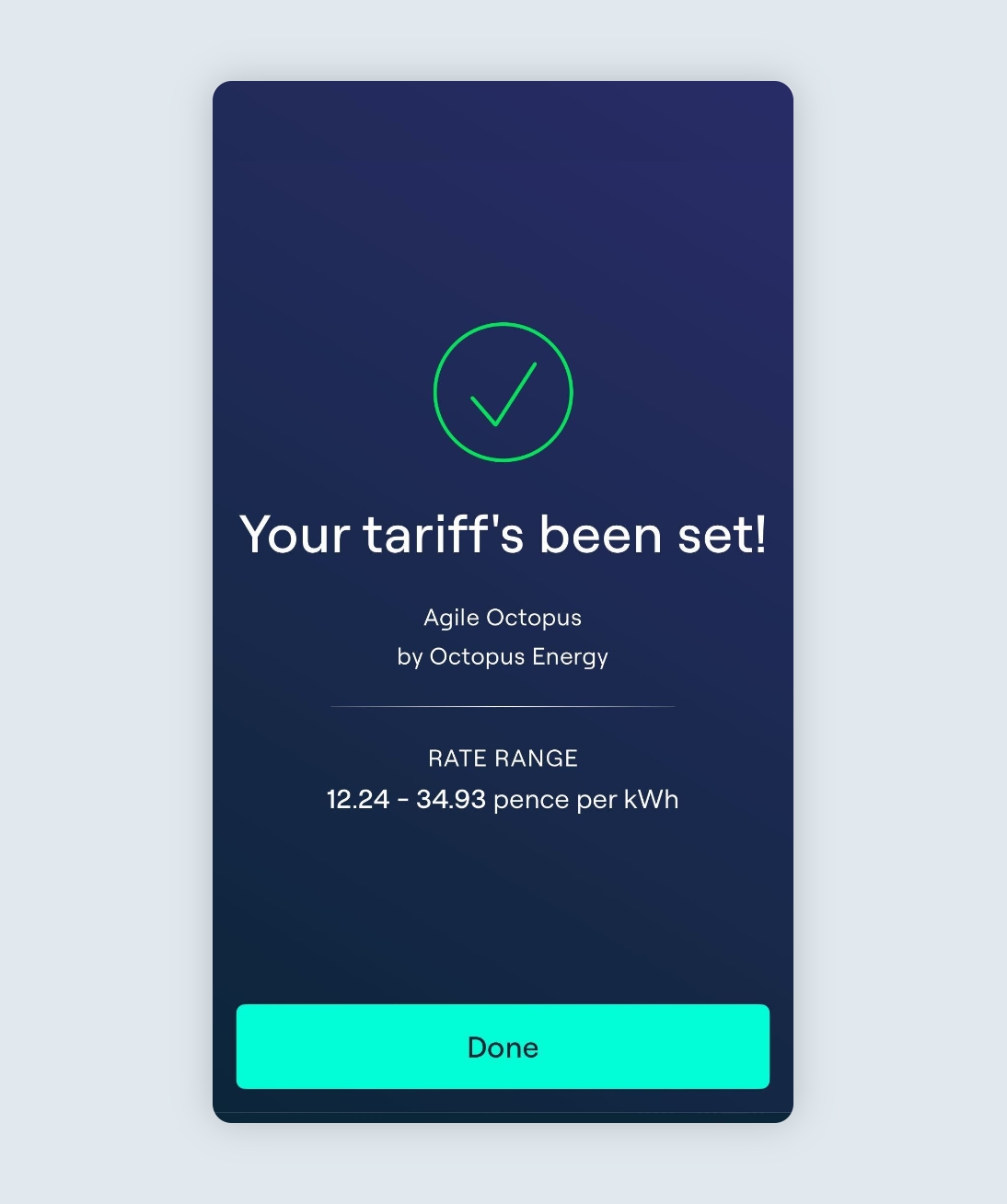 Tariff switch complete confirmation page