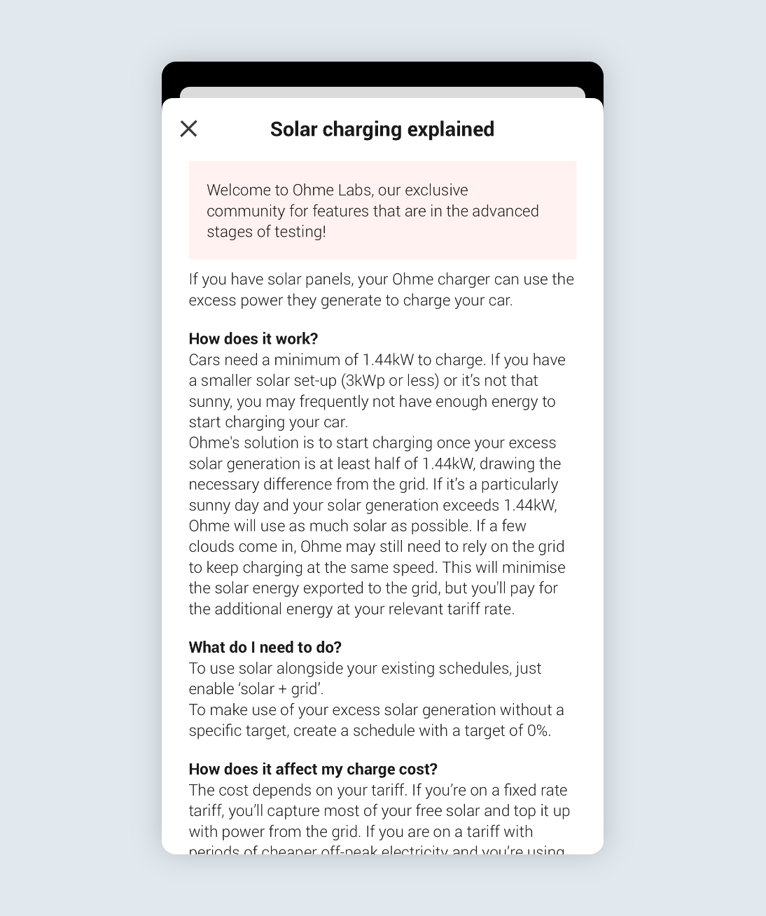 Ohme app My Charger page showing the Solar charging explainer detailing how everything works