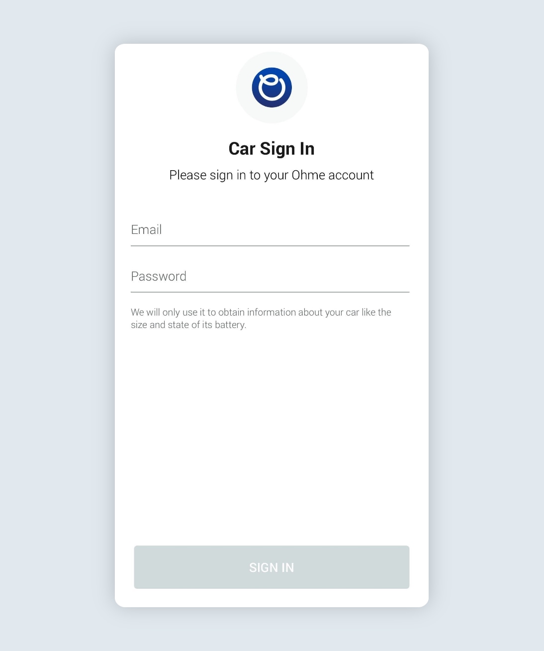 Login page for the Ohme demo car profile