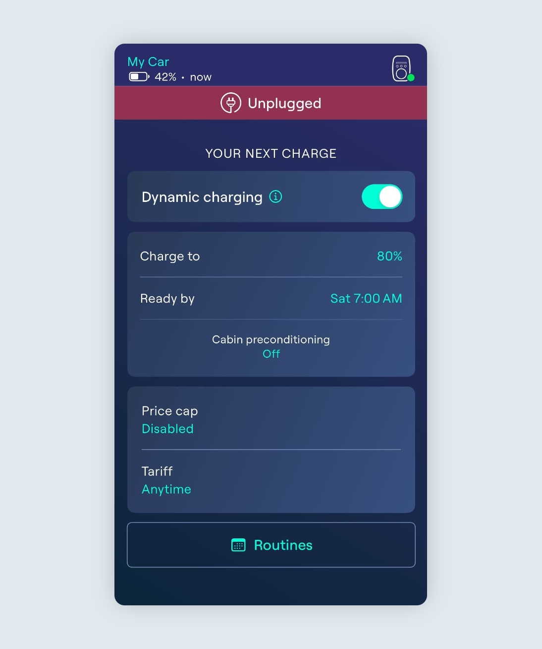 Charging screen showing Dynamic charging enabled for the Anytime tariff