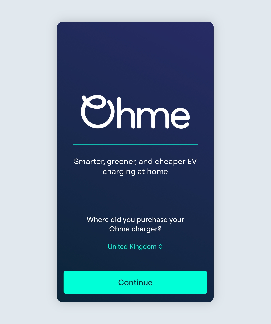 Start page of the Ohme app asking to select the country of purchase