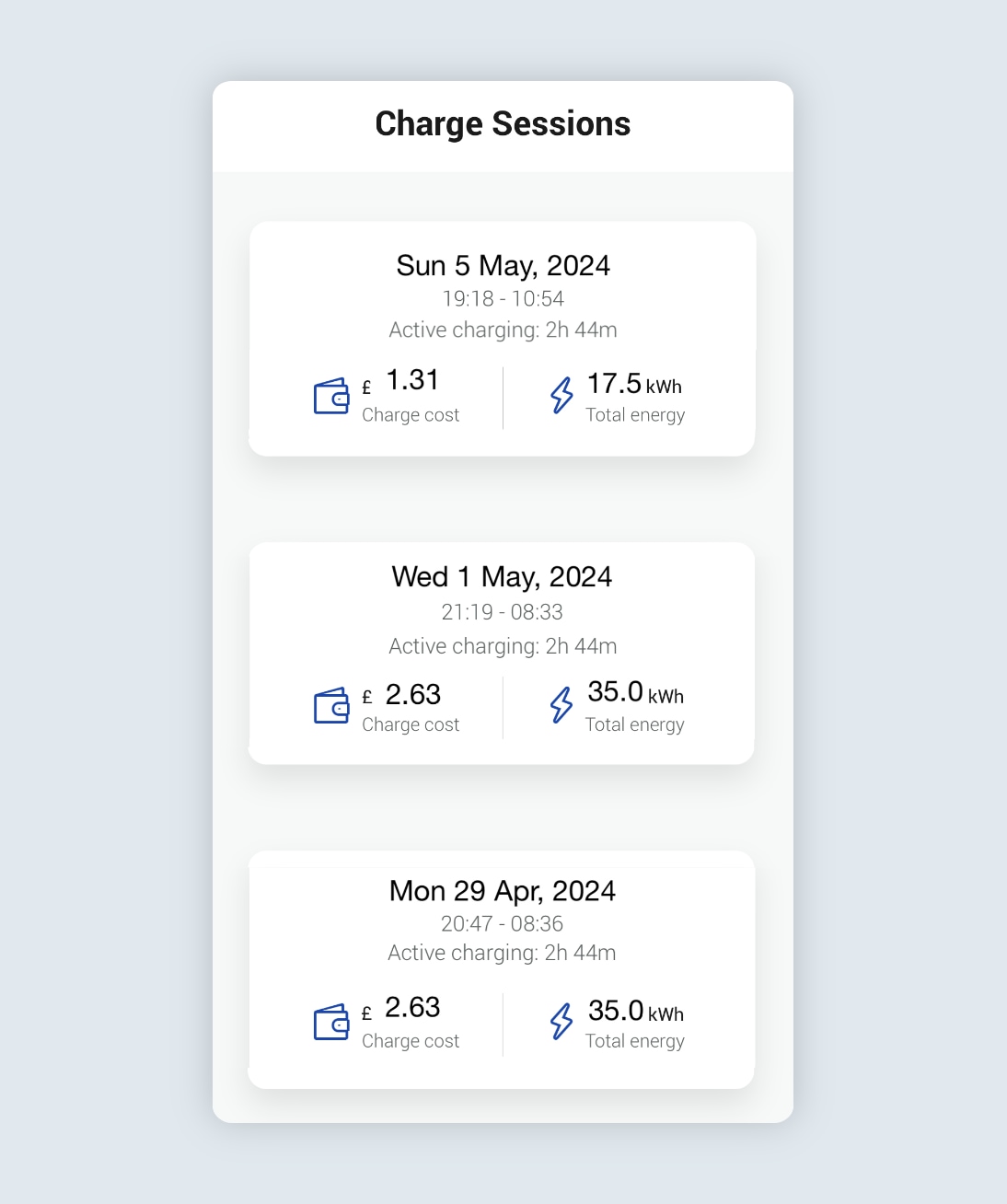 Charge sessions page showing three completed sessions