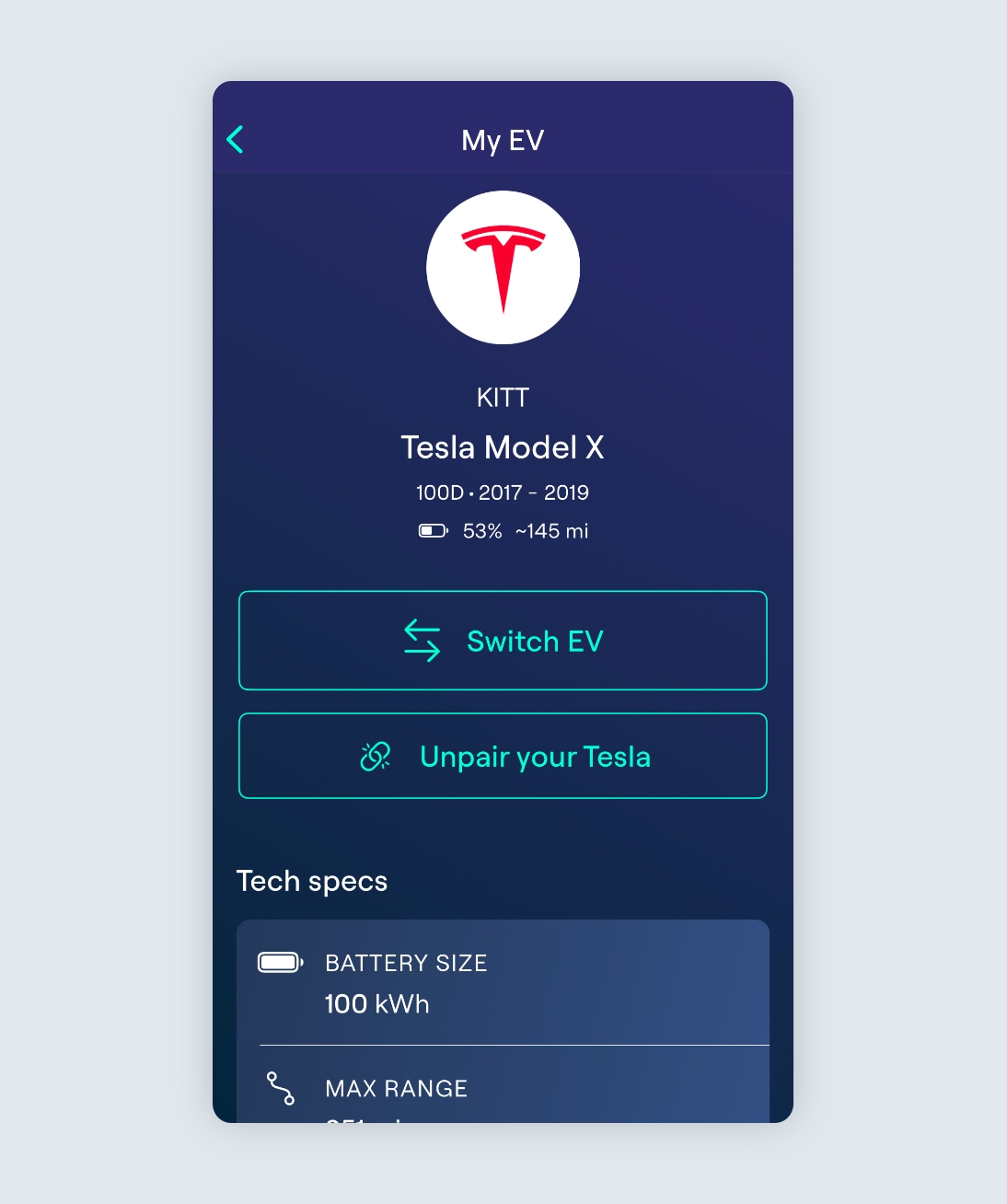 My EV page with Tesla selected and showing the battery level