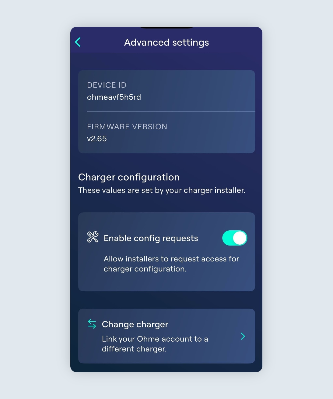 Advanced Settings screen showing 'Change charger' button