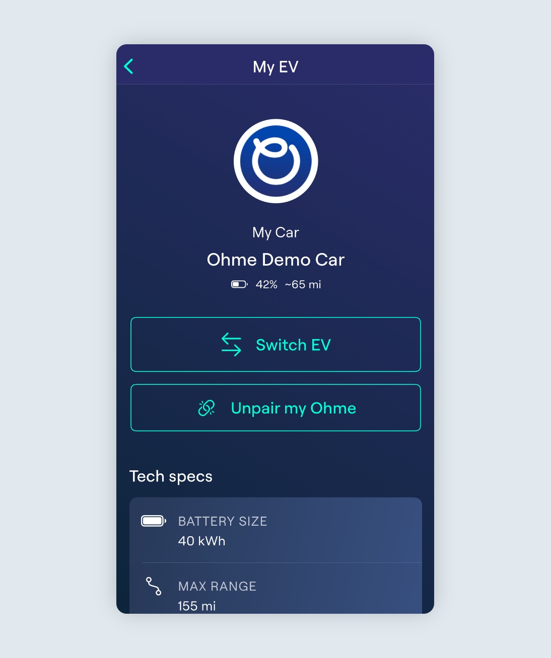 My EV screen showing the Ohme demo car connected with battery level at 42%