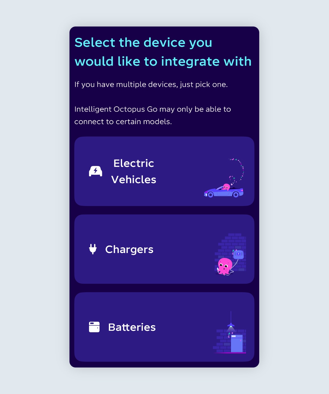 Octopus Energy app showing device options for Intelligent Octopus Go integration