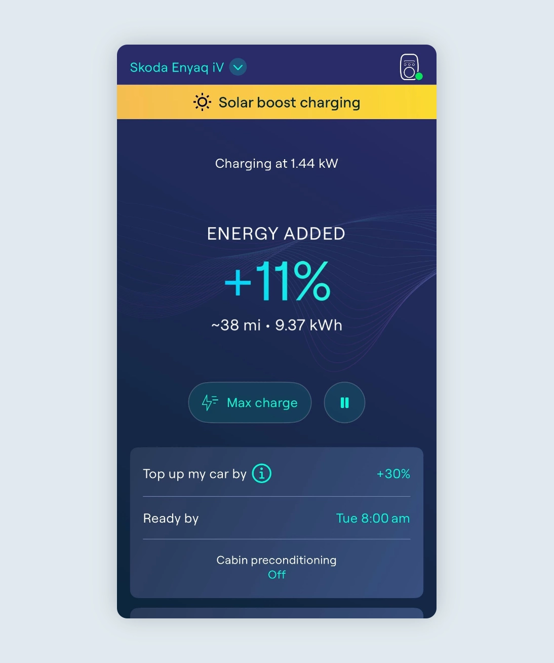 Charging page of the Ohme app in an active session charging with solar