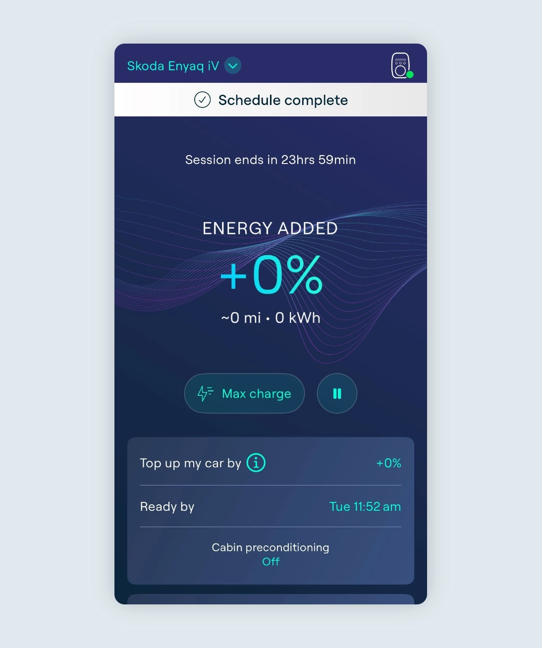 Charging page with Top up my car by set to 0% when using Solar Boost mode