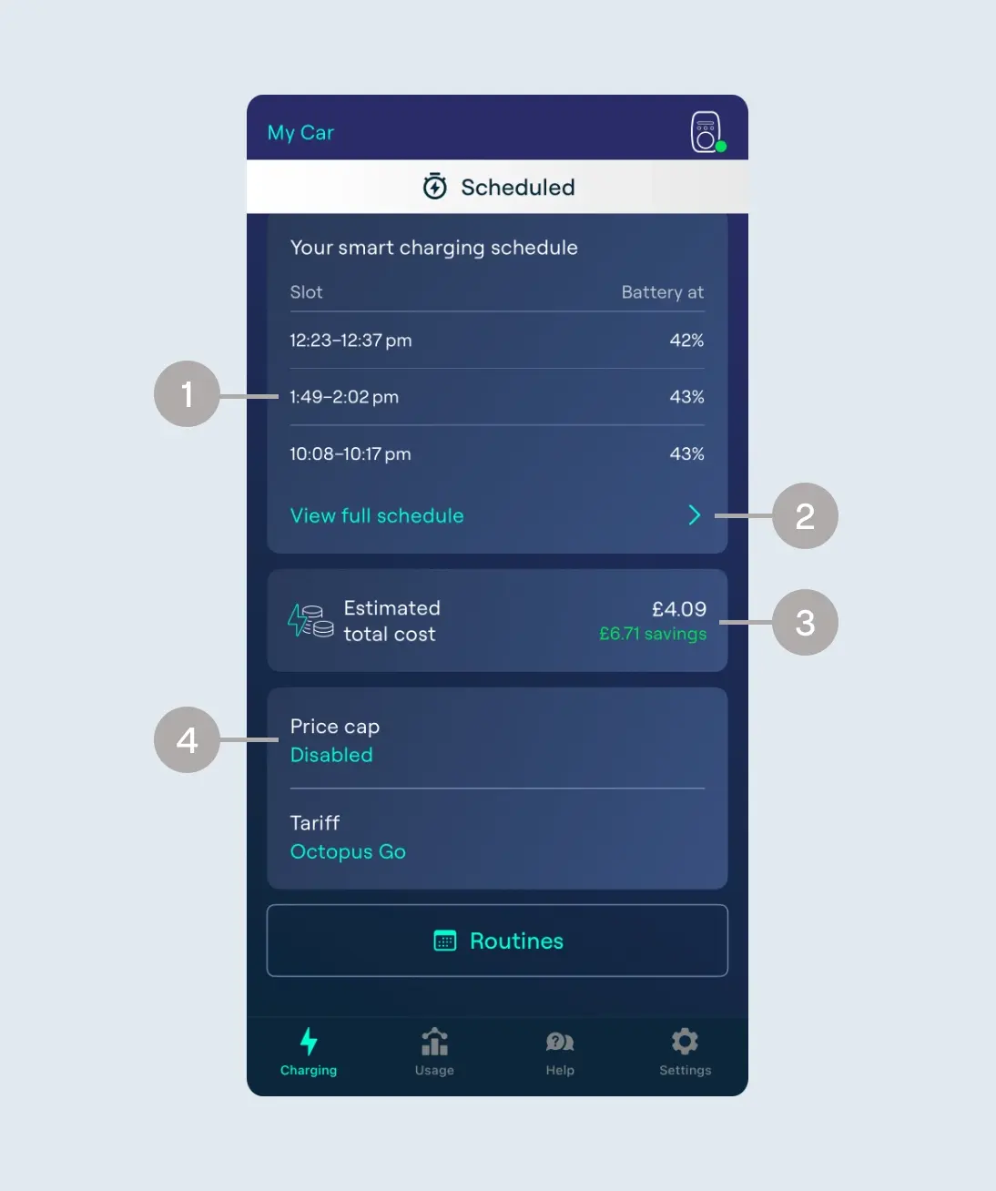 Charging page showing 1. The schedule 2. The View full schedule button 3. the estimated cost and 4. the price cap disabled