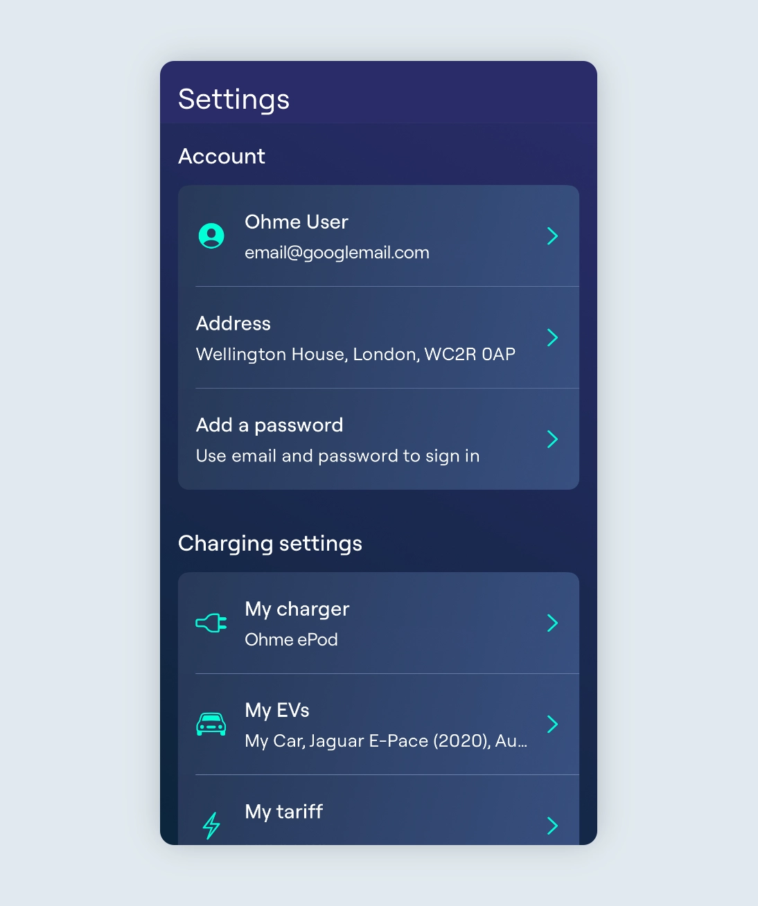 Ohme app settings screen showing the option to 'add a password'. This will convert a Google, Facebook or Apple ID account into a 'Sign in with email and password' unique Ohme account.