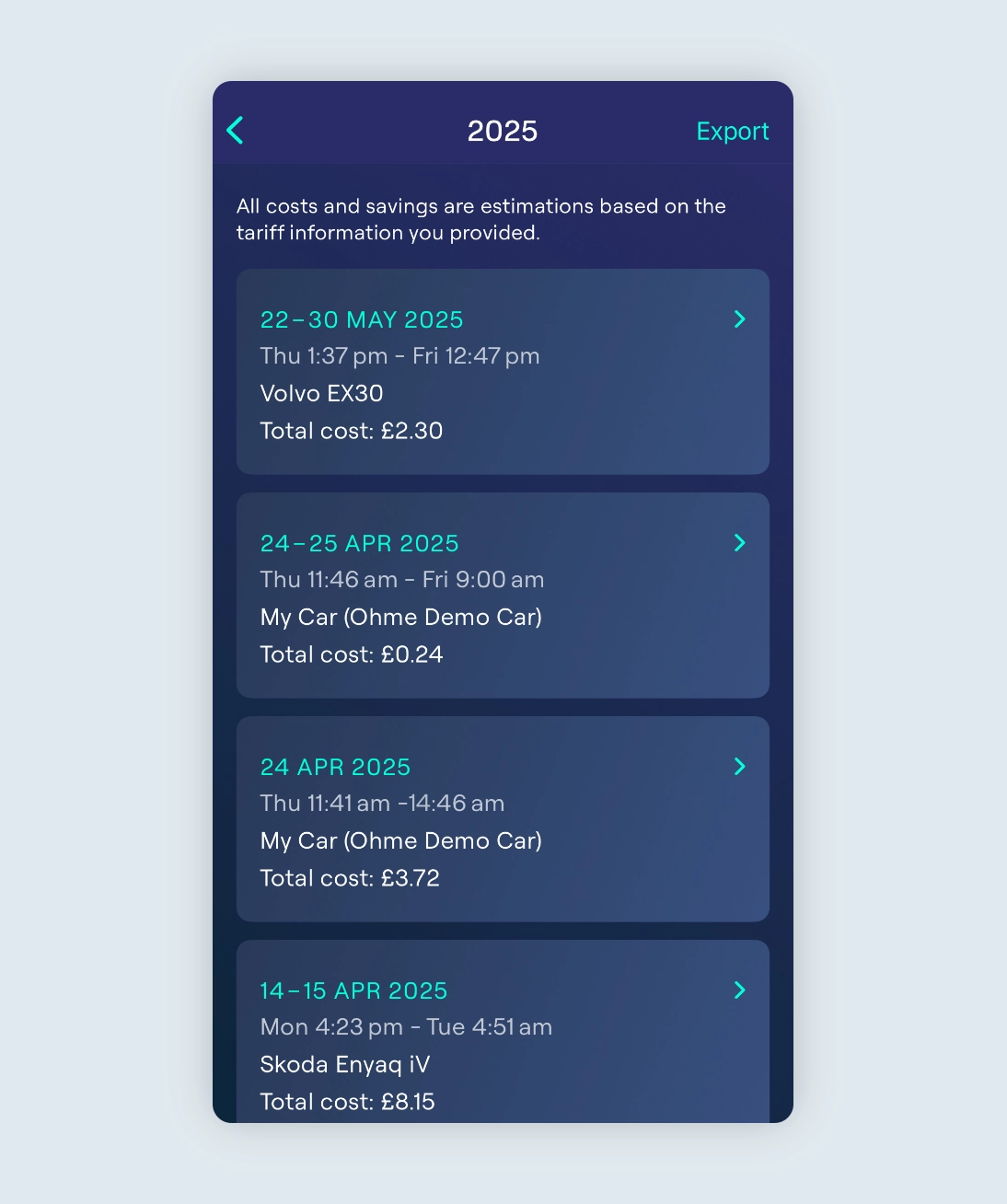 Export completed sessions from the usage screen