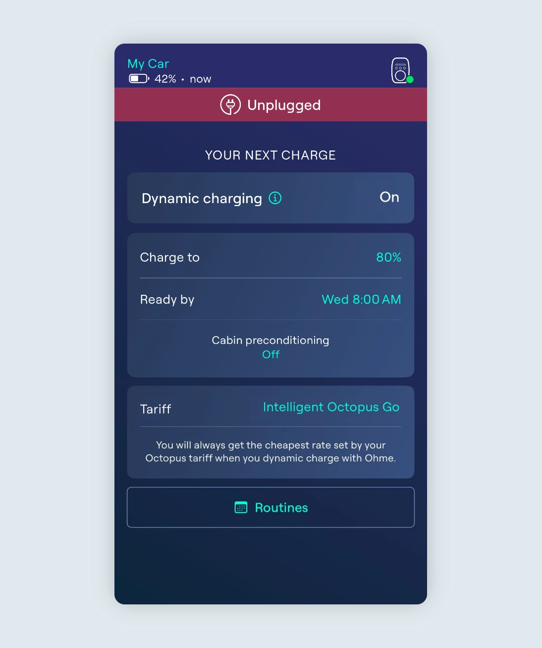 Charging screen showing the correct setup for the Intelligent Octopus Go integration.