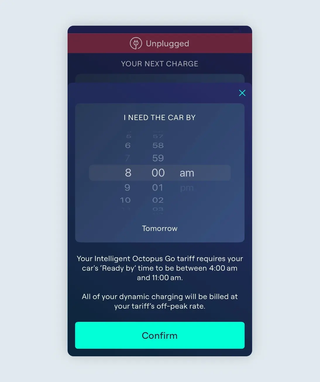 screenshot of Ohme app showing the ready by time set to 8am on the Intelligent Octopus Go tariff