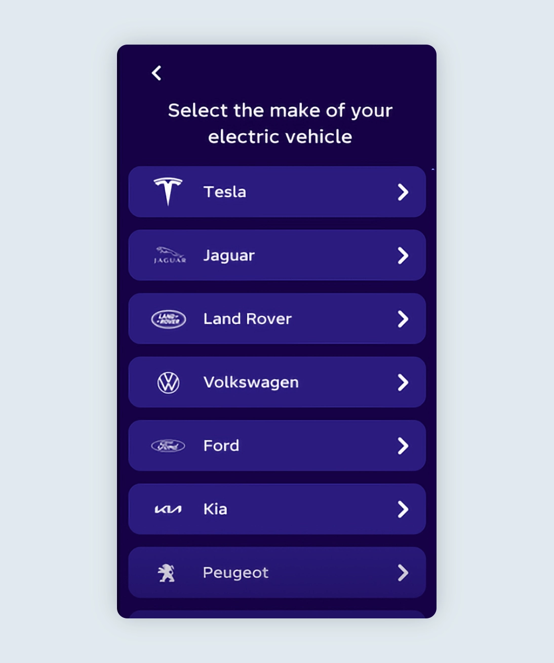 Octopus energy app showing a list of electric vehicle brands to connect to