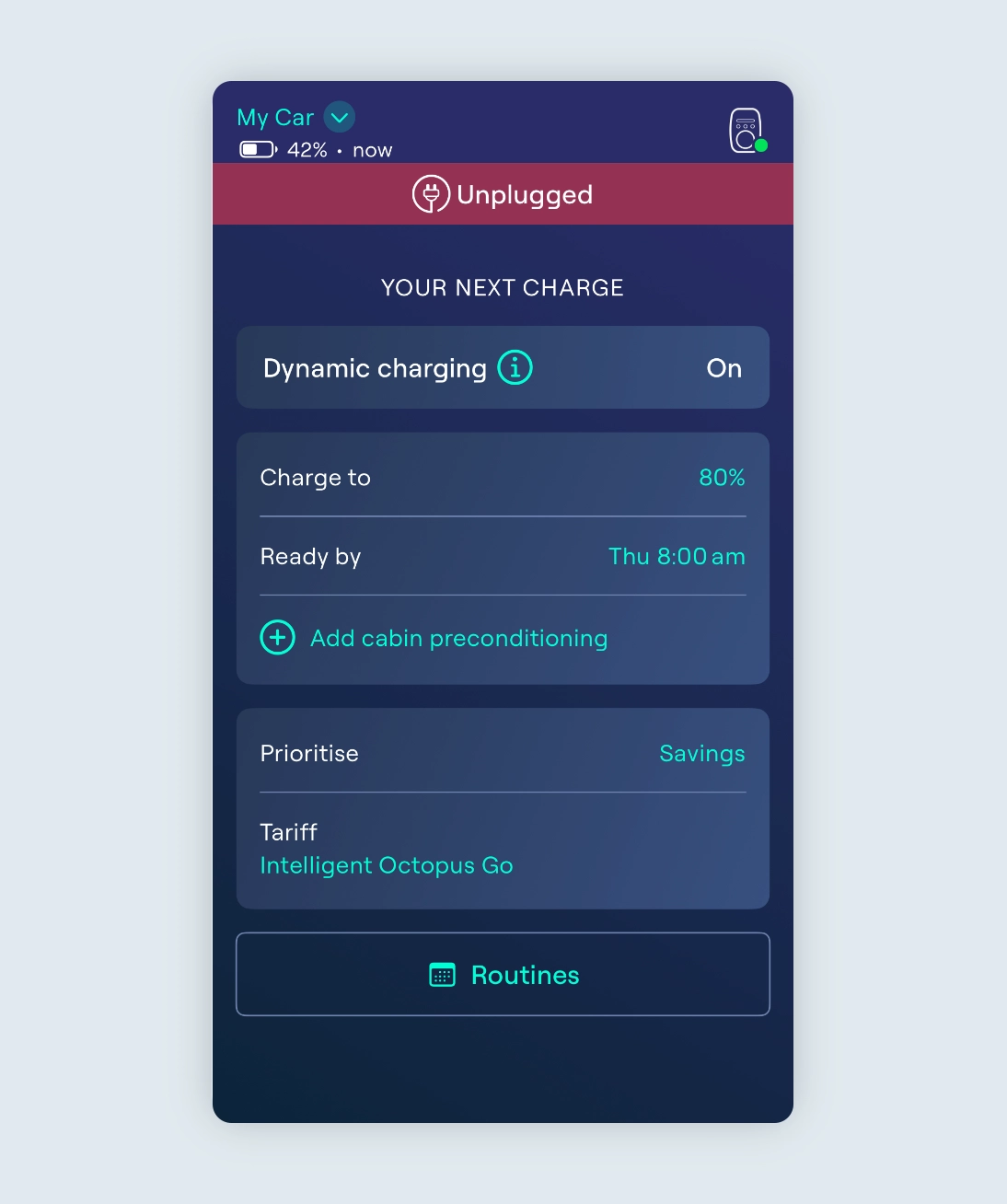 Charging screen showing the correct setup for the Intelligent Octopus Go integration.