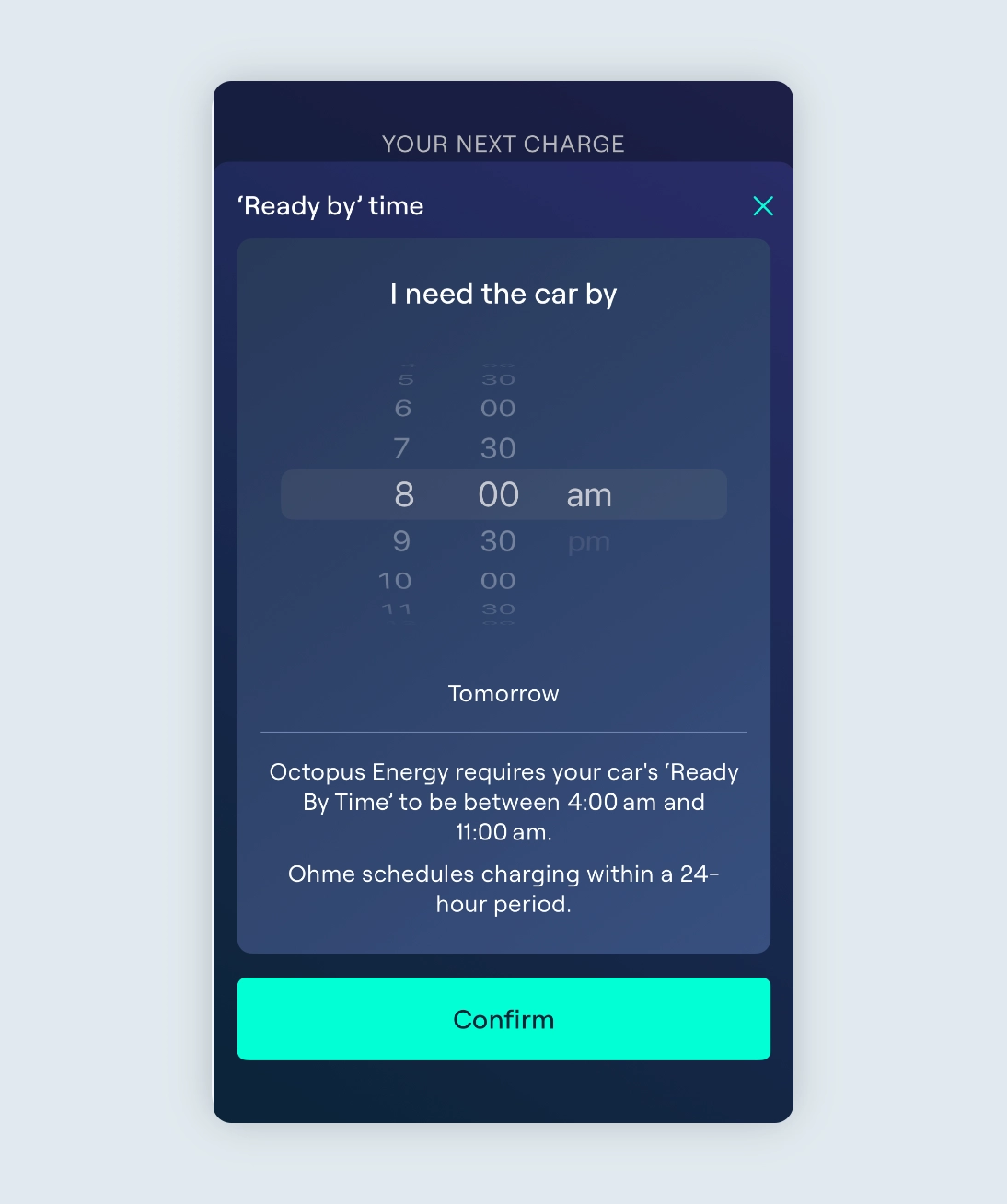 screenshot of Ohme app showing the ready by time set to 8am on the Intelligent Octopus Go tariff