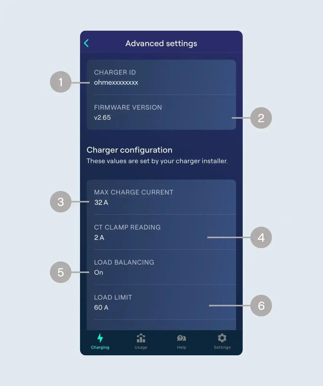 Advanced settings page with numbered labels