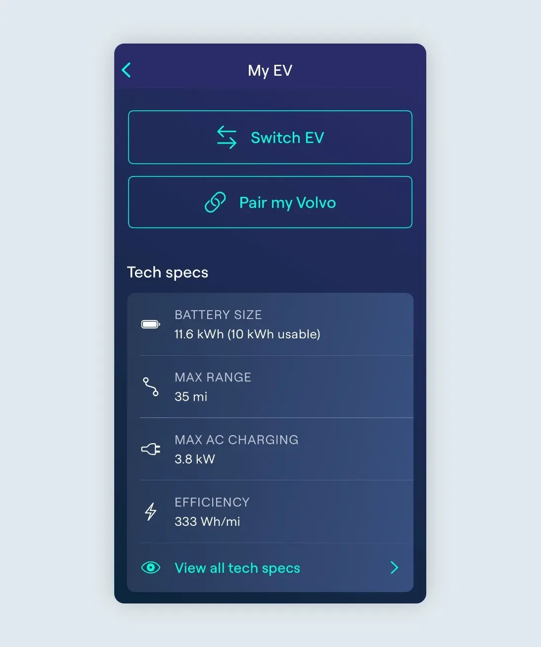 screenshot of Ohme App my charger page with a vehicle that has a max AC charging rate of 3.8kw