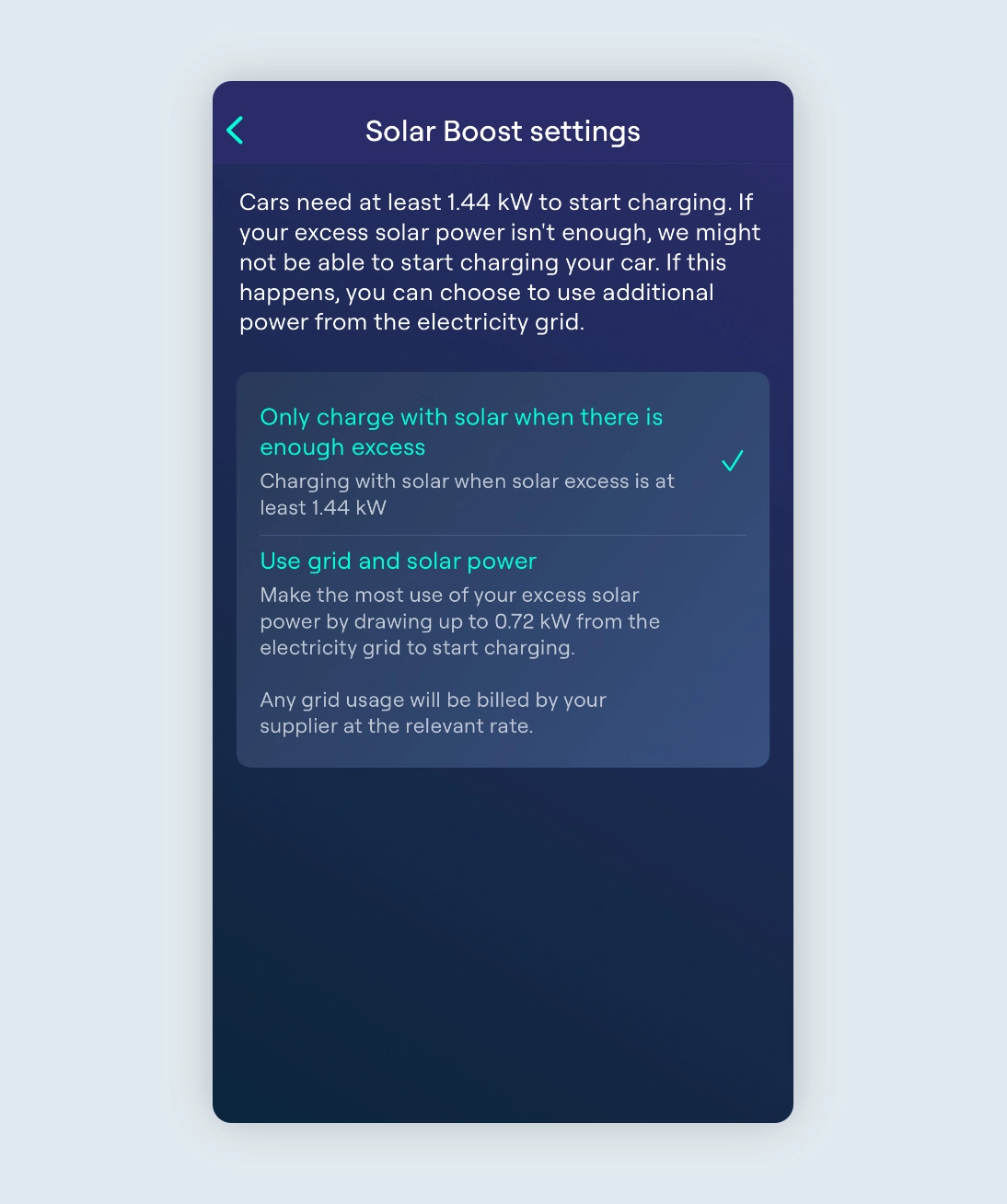 Screenshot of the Ohme app showing Solar Boost settings for solar charging.