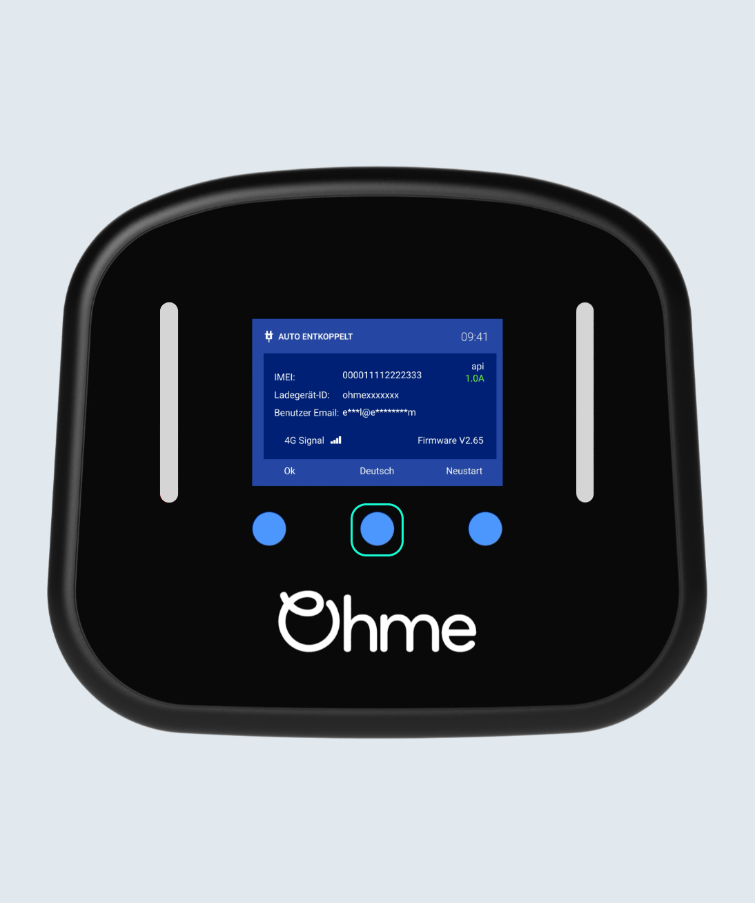 Ohme Home Pro screen in German with the middle button highlighted