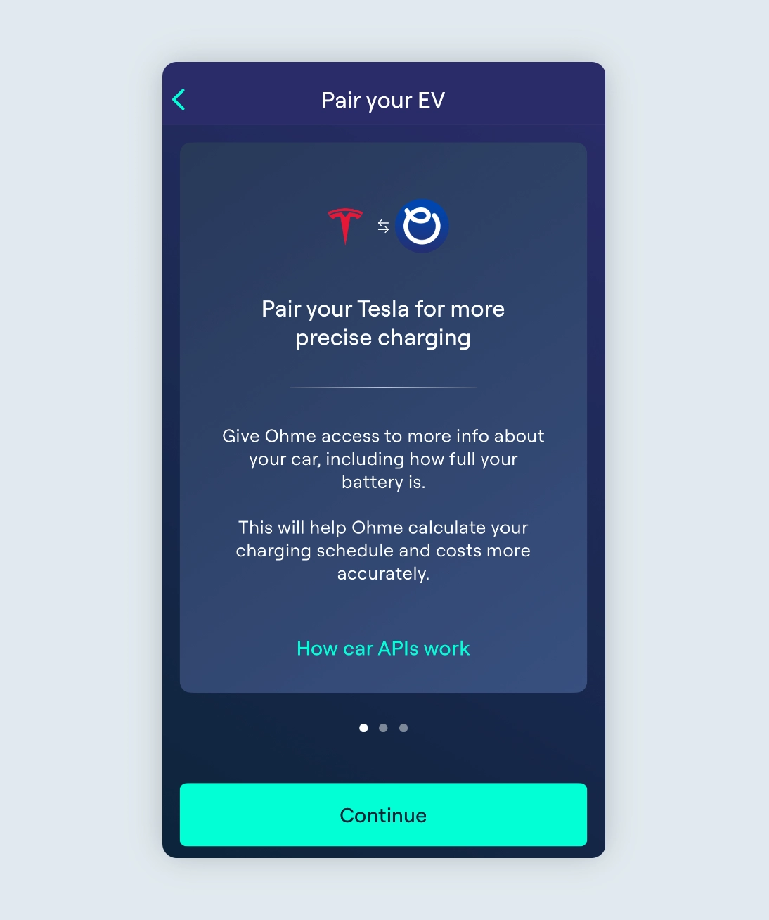 Ohme app showing the Pair your EV screen