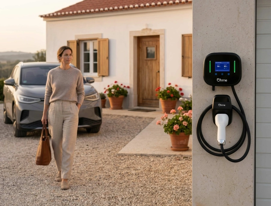 Lady standing by holiday home with EV and Ohme Home Pro charger